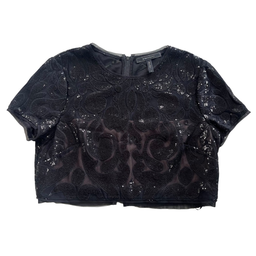 BCBGMAXAZRIA Women 12 Black Sequin Embellish Short Sleeve Crop Elegant Maris Top